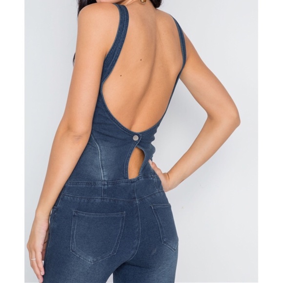 DARK DENIM STRETCH ZIP UP SKINNY LEG JUMPSUIT - Picture 3 of 7
